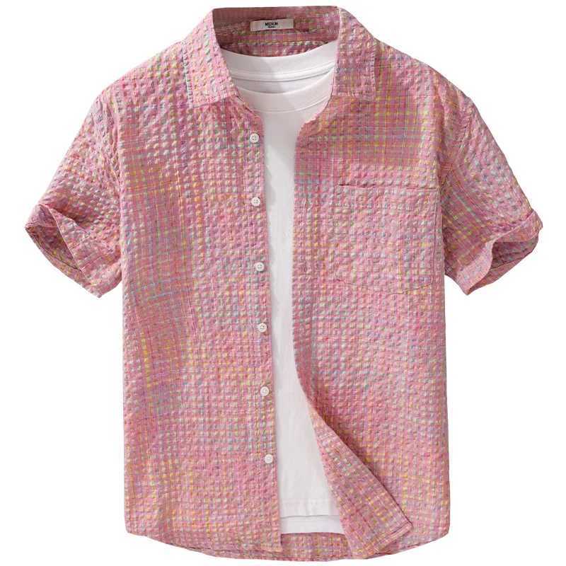 Summer Casual Plaid Korea Mens Shirt Checkered Bubble Yarn Short Sleeve Shirt For Men Slim Turn-down Collar Classic Shirt 2025 W250627