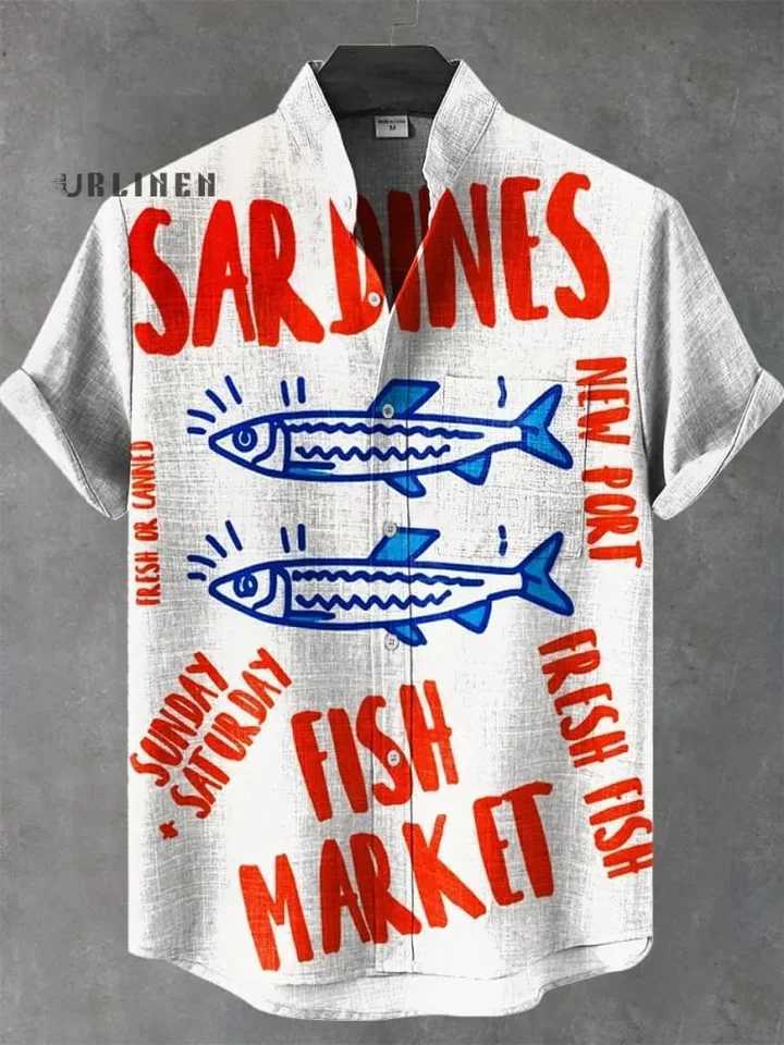 New vintage fish sardine art 3D printing casual fashion 100% linen mens stand collar short sleeve shirt W250627