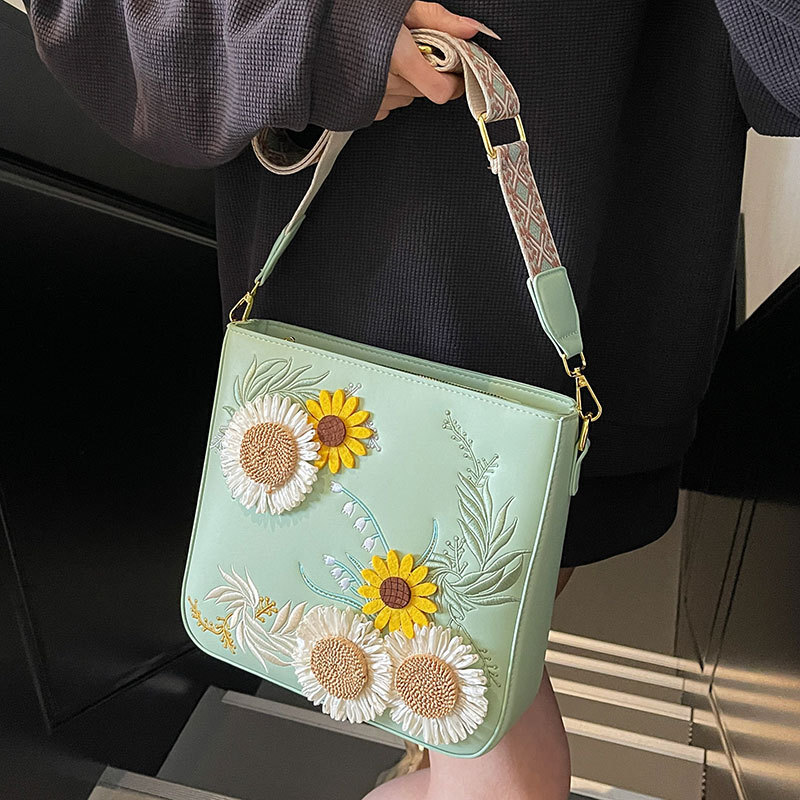 trend Embroidered Sunflower Countryside trend Style Bucket Bag Fashion Multi functional Crossbody Bag Designer Bag Women s Handbag