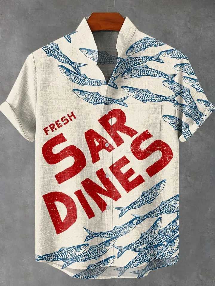 New vintage fish sardine art 3D printing casual fashion 100% linen mens stand collar short sleeve shirt W250627
