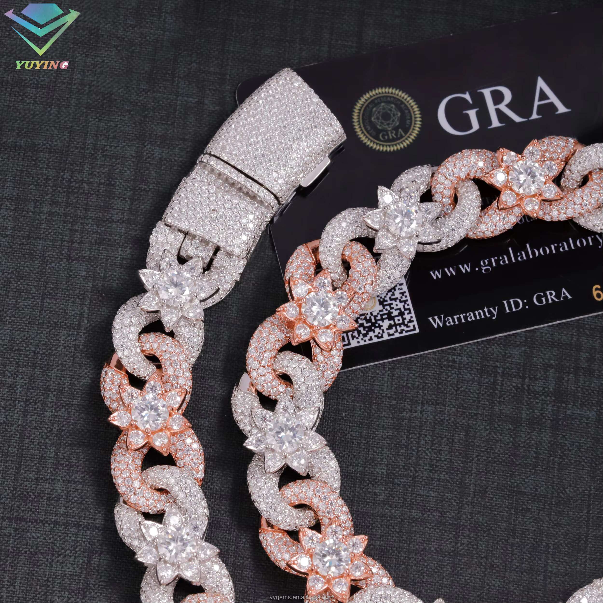 HOT SELLING 15mm Colorful Moissanite Flower Ready Stock Cuban Link Hip Hop Fancy Diamond Cuban Link Chain Moissanite 925