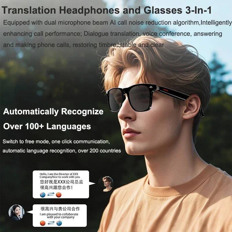 Smart AI Glasses 100+ Languages Real-Time Translation Bluetooth Sunglasses Earphones Voice Assistant Call Music