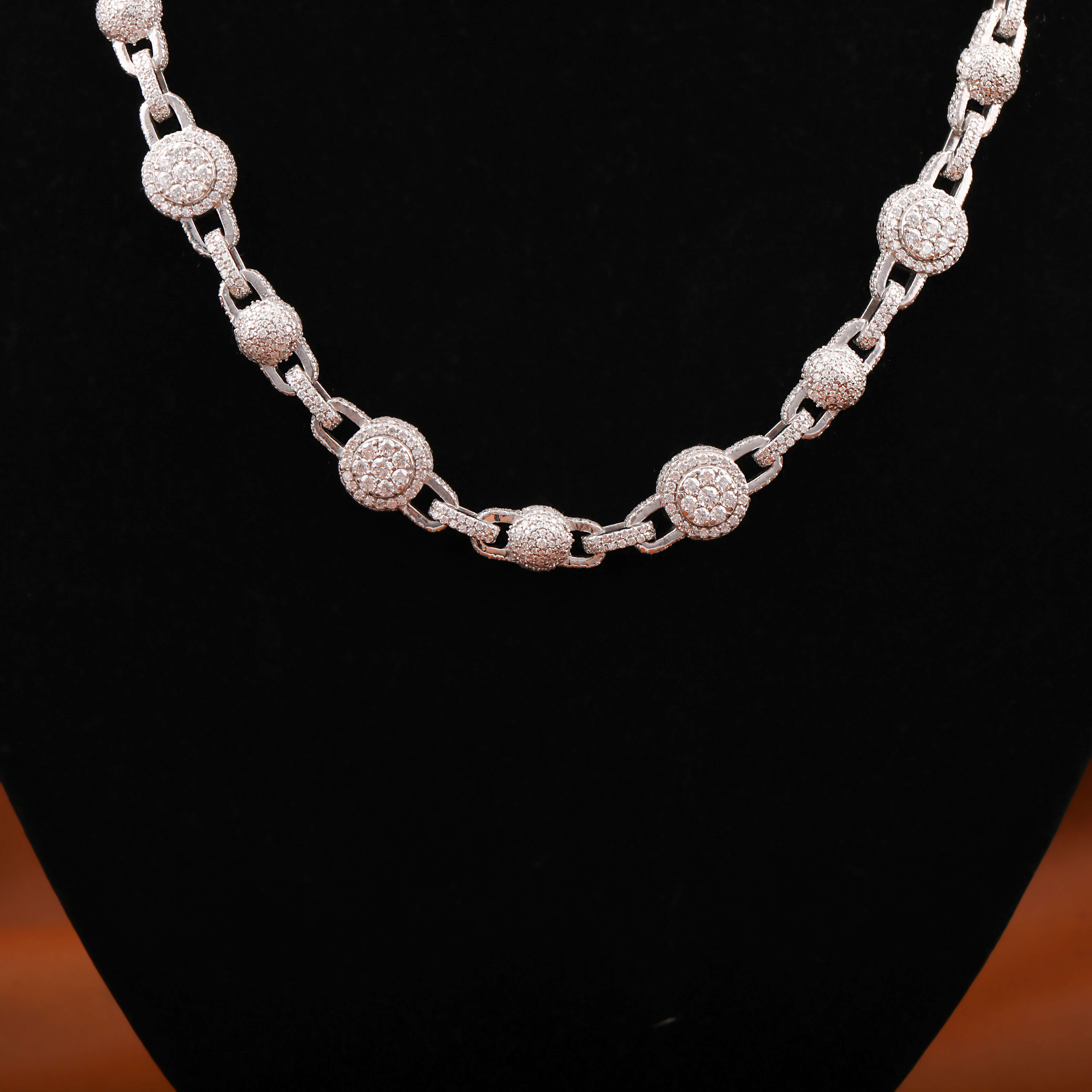 Cuban Ball Link Chain Iced Out Fine 925 Sterling Silver Moissanite Round Cut Diamond Link Chain with Hip Hop Rapper Style