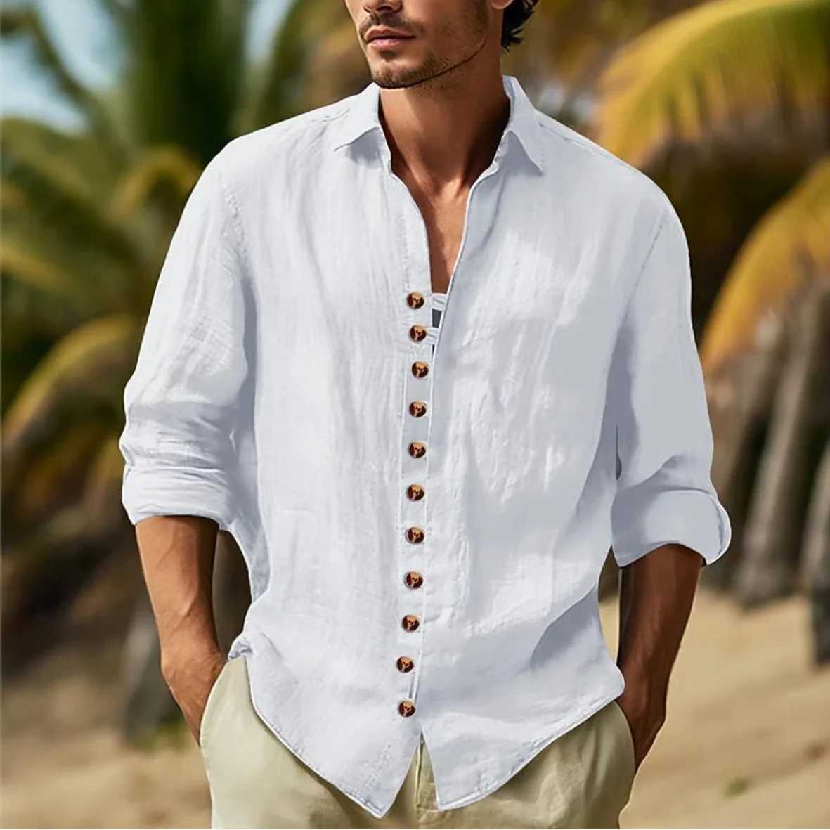 Mens Button-down Casual Shirt Cotton Long-sleeve Shirt with Collar for Spring and Autumn Festivals W250627