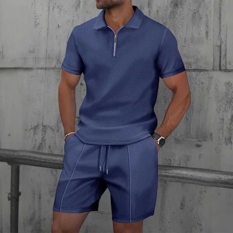 2025 New Summer Mens Short-sleeved Shorts Set Europe and the United States Waffle Solid Color Zip-up Lapel T-shirt Sweatshirt XJ250627