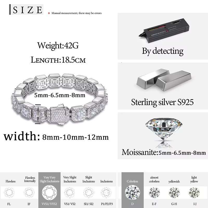 Unisex Luxury Moissanite Diamond Bracelet in 925 Sterling Silver for Women Men Hip Hop Fine Jewelry