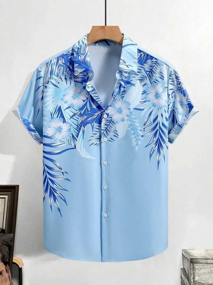 Summer Mens Lapel Short-sleeved Shirt Bright Floral Print Street Trend Casual Single-breasted Shirt For Outdoor Casual W250627