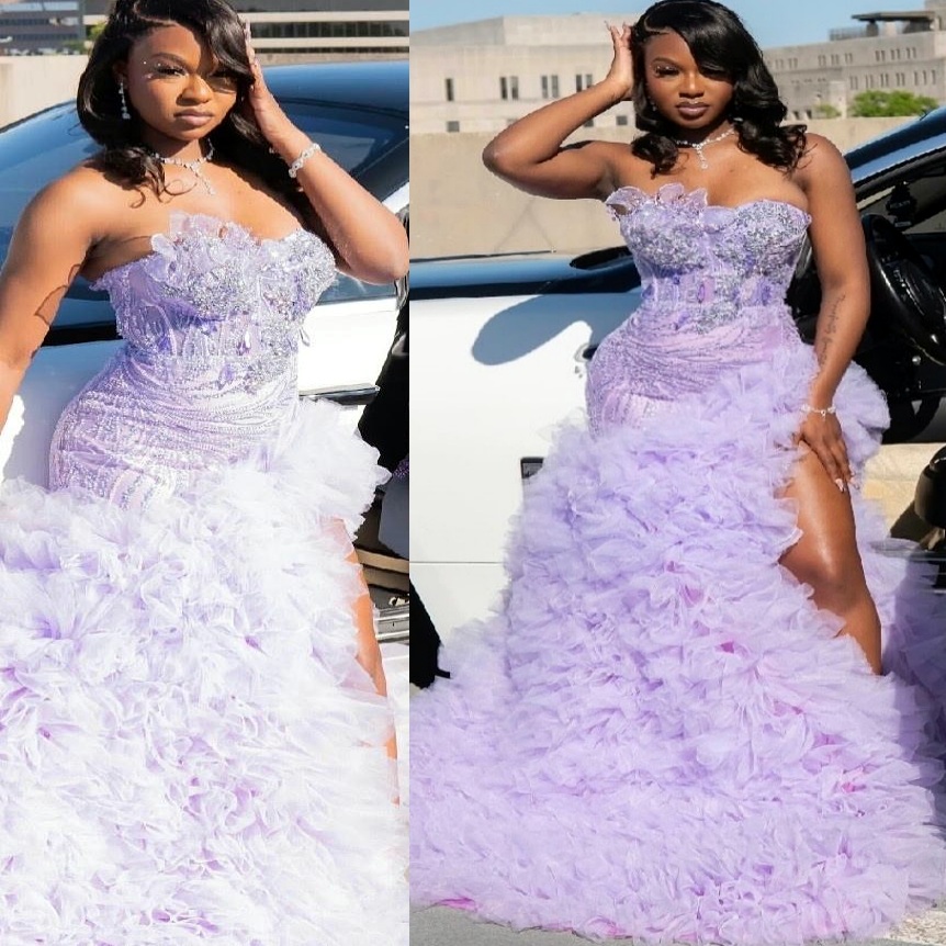 Lilac Mermaid Prom Dresses 2025 Florals Crystals Lace Tiers Tulle Evening Formal Party Second Birthday Engagement Gowns Plus Size Dress For Special Oc