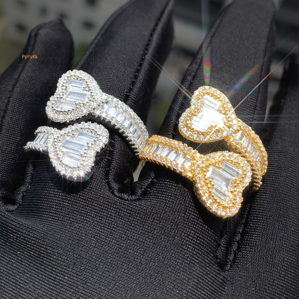 High-Quality VVS Moissanite Iced Out Heart Open Ring Unisex Hip Hop Edgy Trendy Bling Versatile Jewelry Passes the Diamond Tester
