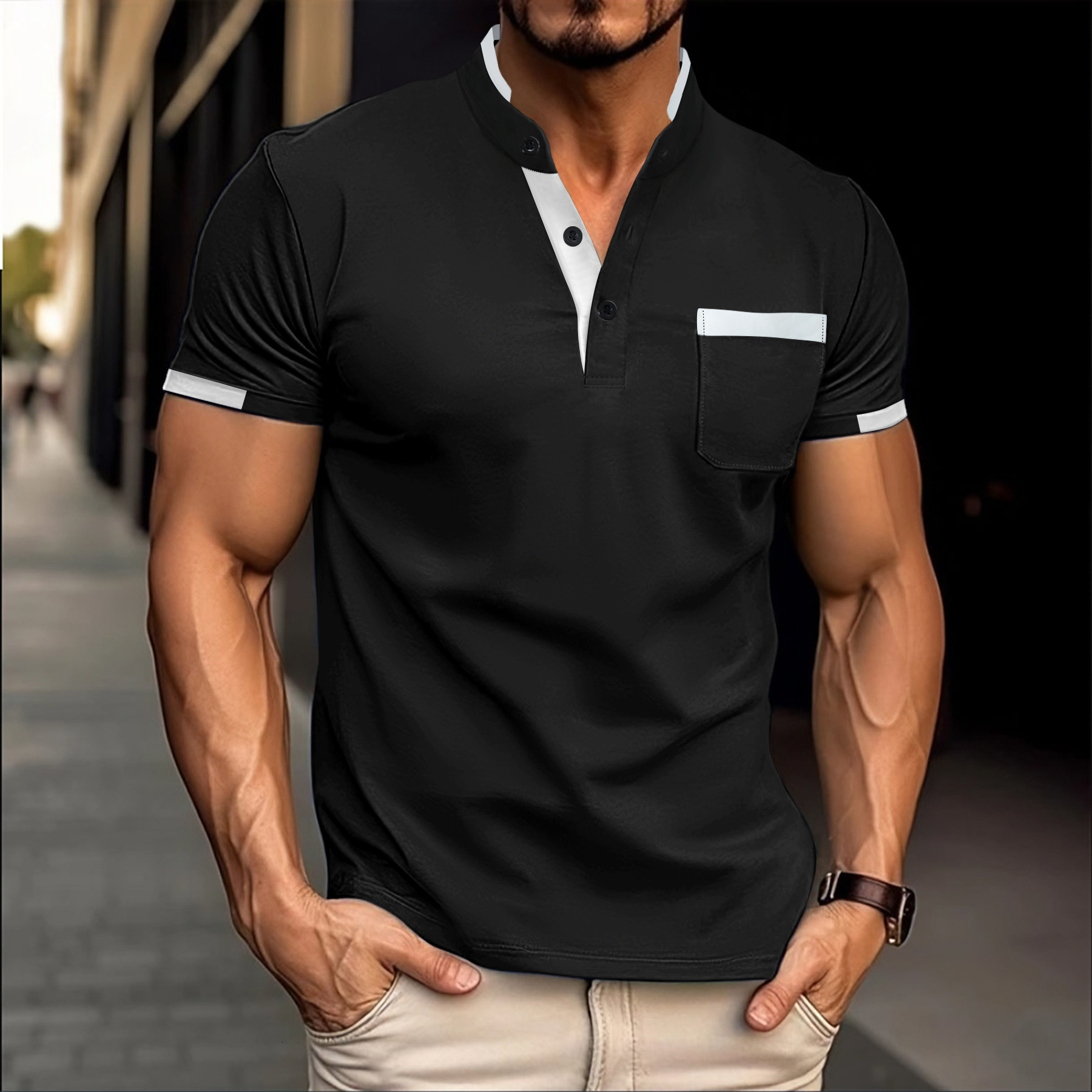 New Men's Summer Business Casual Short Sleeve Polo Breathable Color Block Henley Shirt