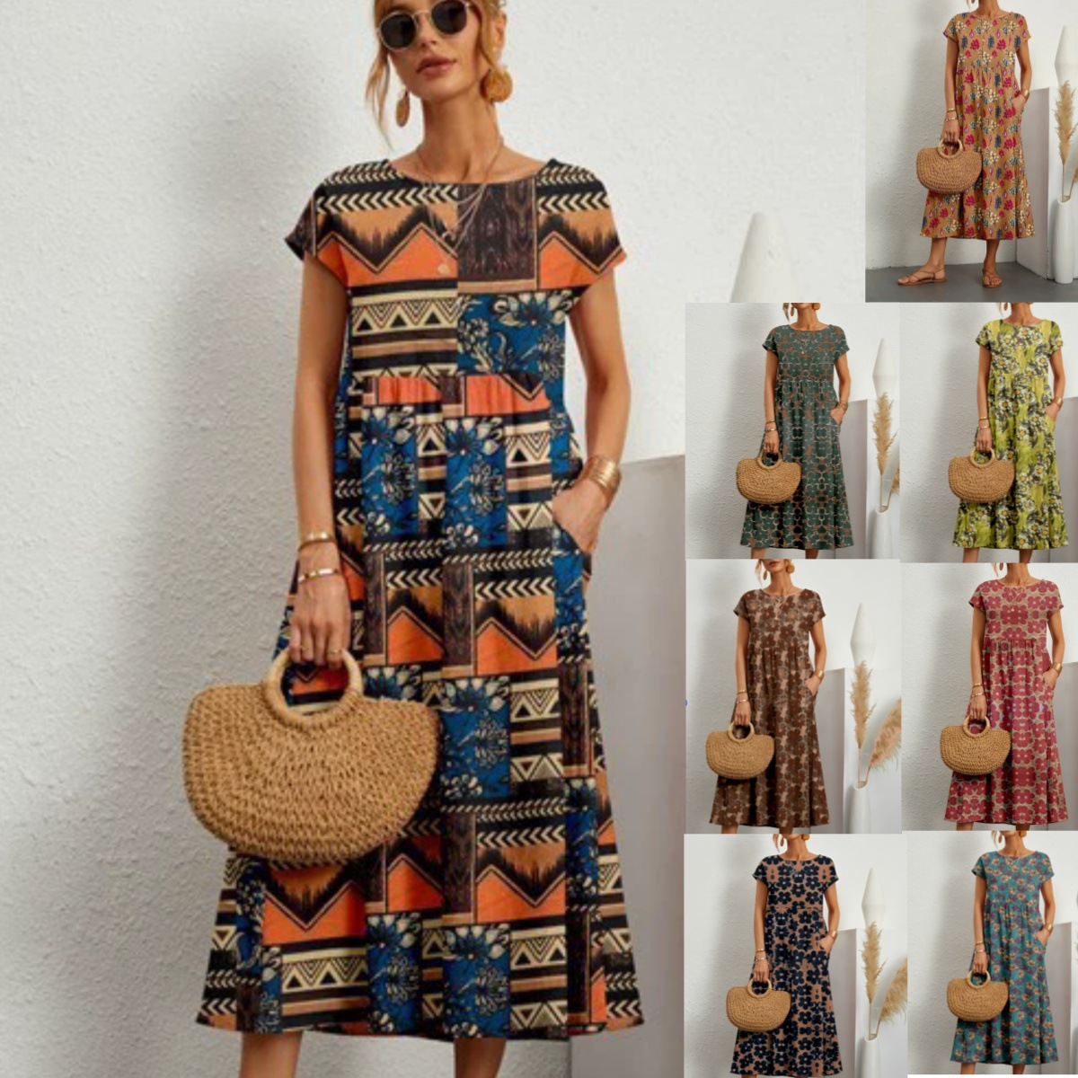 K6271European and American summer new loose round neck printed pocket dress for women