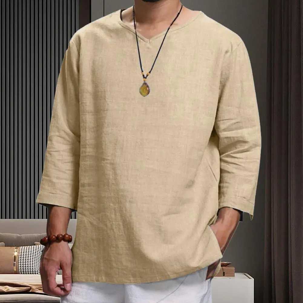 Cotton And Linen Men New 3/4 Sleeve Loose Solid Casual Large Pullover Shirt Leisure Summer Spring Long Sleeves Men Casual Shirt W250627