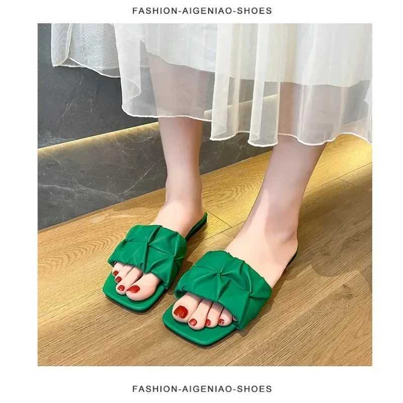 Summer for Women Flip Flops Flats New Pleated Korean Slippers Wen Sandals Green Slip on Shoes Big Size 35-42 Y250627