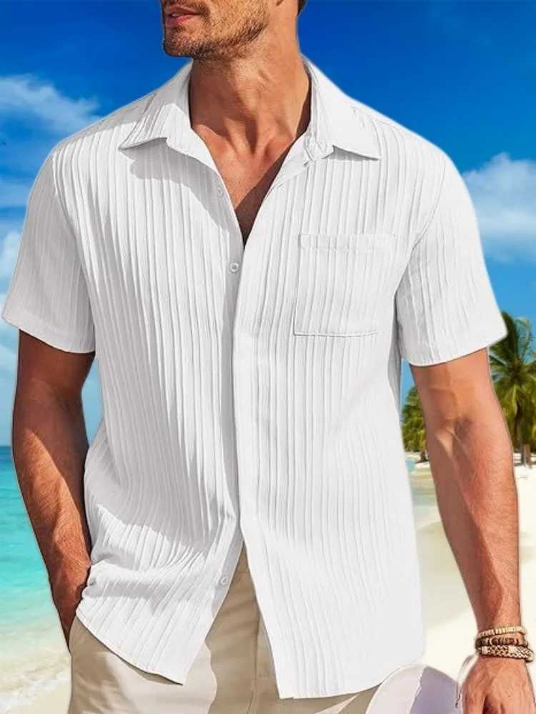 2024 Mens New Casual Fashion Striped Jacquard Pit Strip Lapel Chest Pocket Beach Outdoor Short-Sleeved Casual Shirt W250627