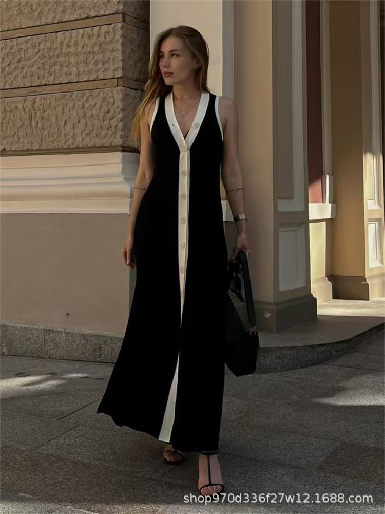M627Fashion V-neck Sleeveless Single Breasted Skirt Sexy Summer Dress