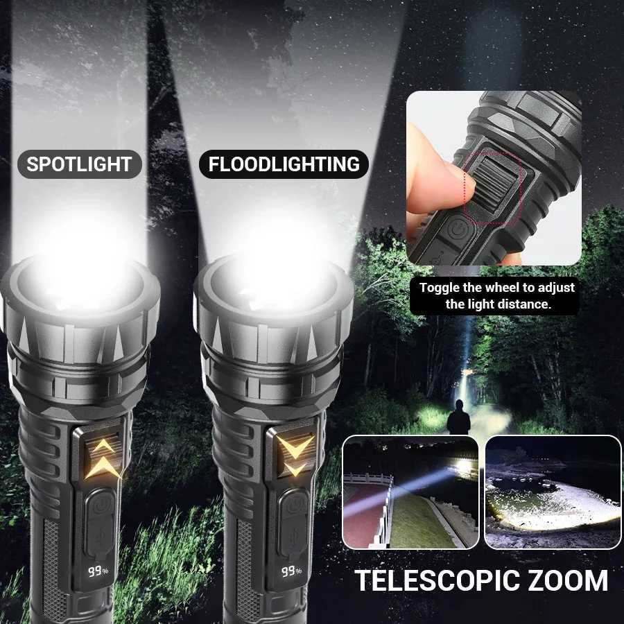 Powerful LED Camping Flashlight 18650 USB Rechargeable Zoom Torch with Side Light Outdoor Tactical Lamp 6 Modes Waterproof Lantern W250701