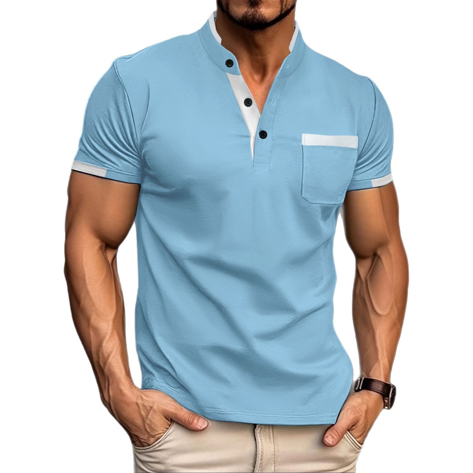 New Men's Summer Business Casual Short Sleeve Polo Breathable Color Block Henley Shirt