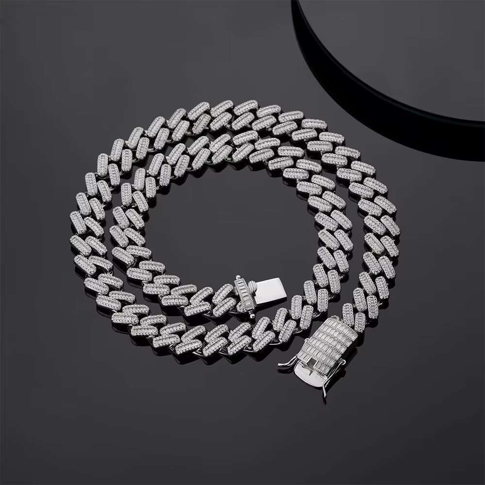 14MM Hip Hop Iced Out 925 Sterling Silver Moissanite Cuban Chain baguette Cubic Zirconia 14k Gold Plated Cuban Link Chain for Men
