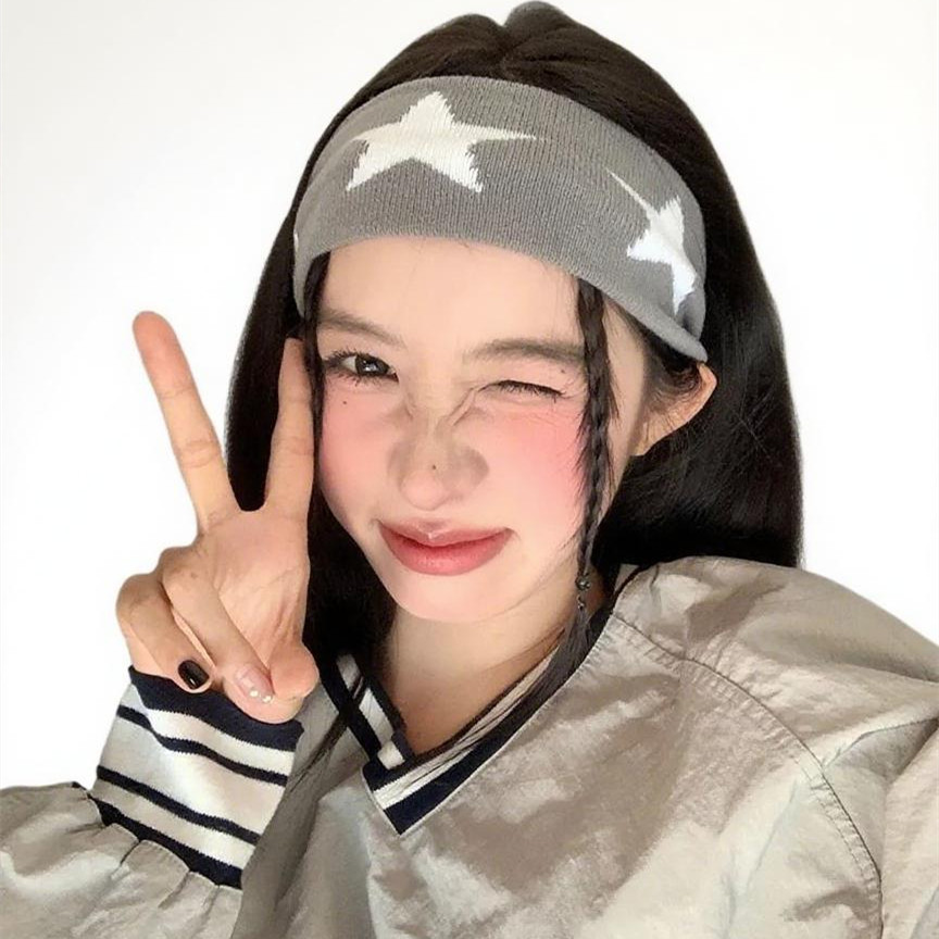 Gray Star Print Hip-Hop Wide-Hemmed Stretch Hairband - Casual, Fashionable, Minimalist, Versatile Knitted Sports Headwear for Women
