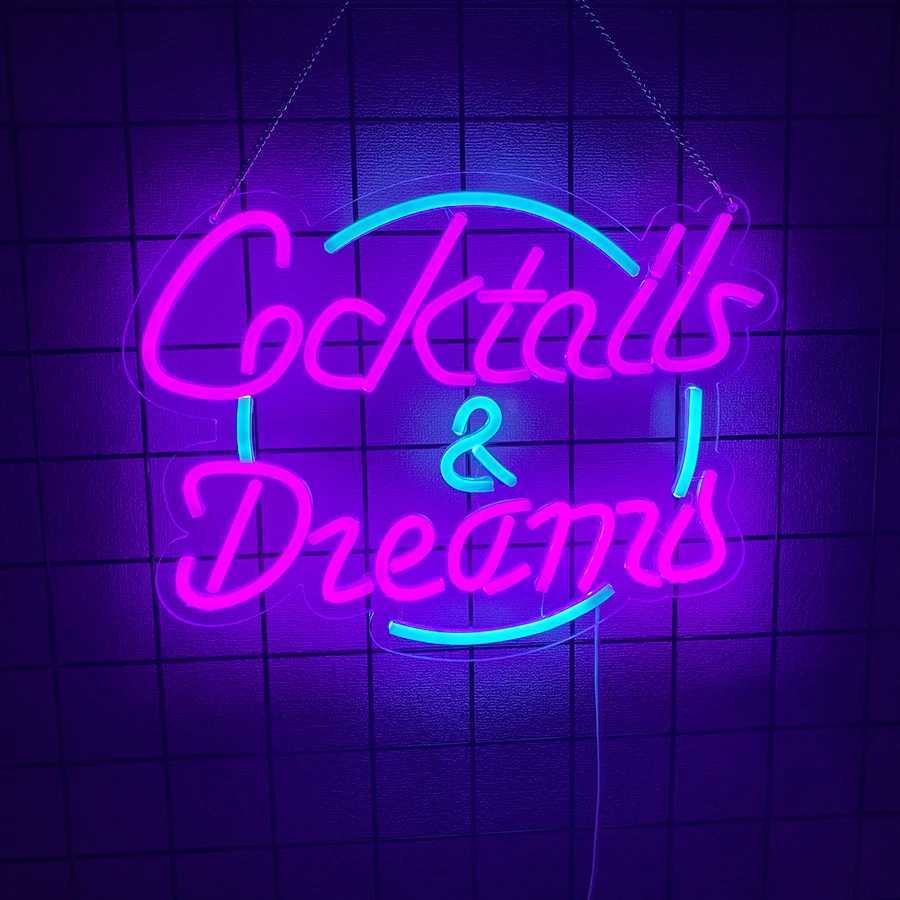 Cocktails and Dreams Neon Sign for Wall DecorLED Neon Light Signs for Bedroom Room Home Beer Bar Bistro Art DecorUSB PoweredXJ250626