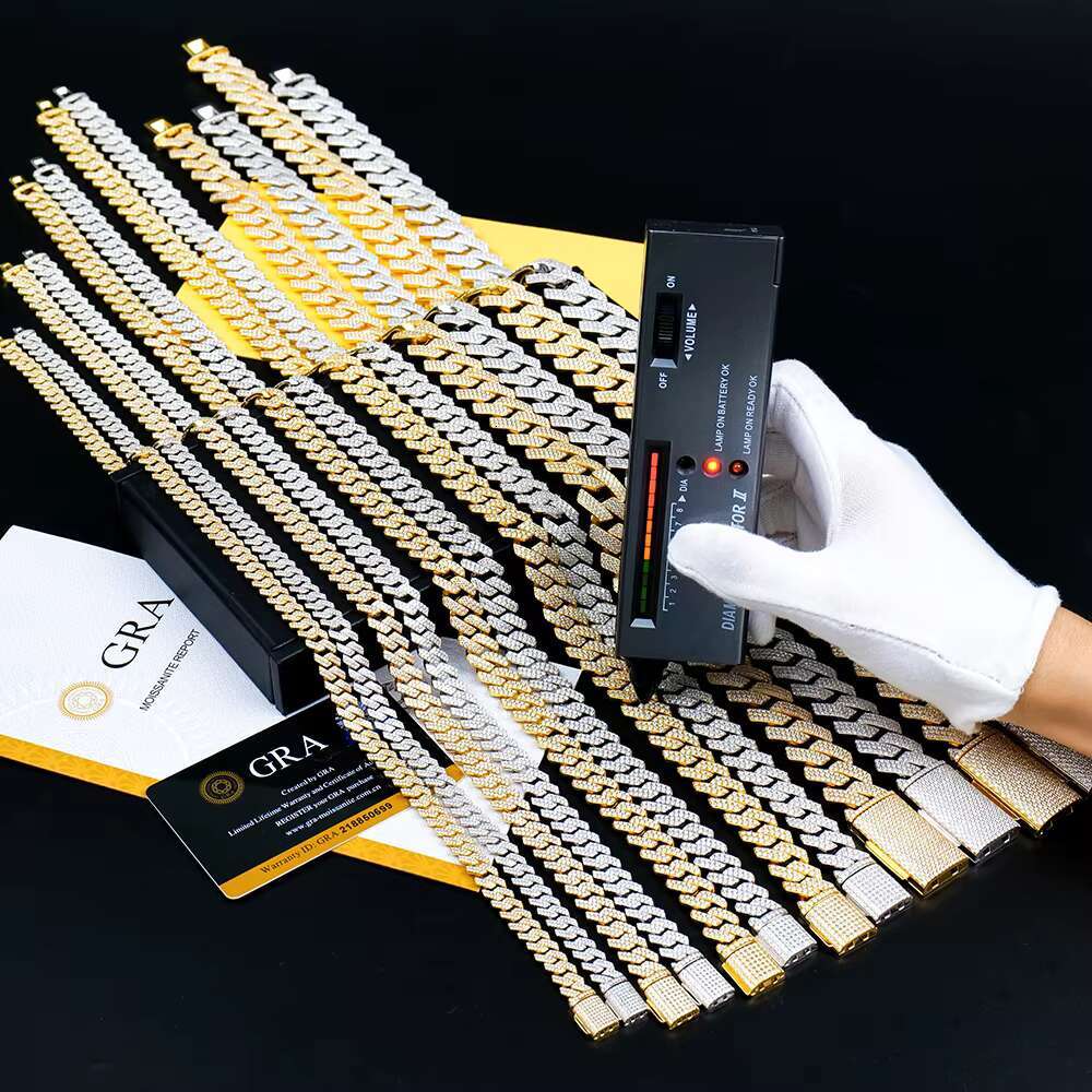 Hip Hop GRA Certificate 15mm Cuban Bracelet Necklace D VVS Moissanite 925 Silver White Gold Cuban Link Chain for Women Men