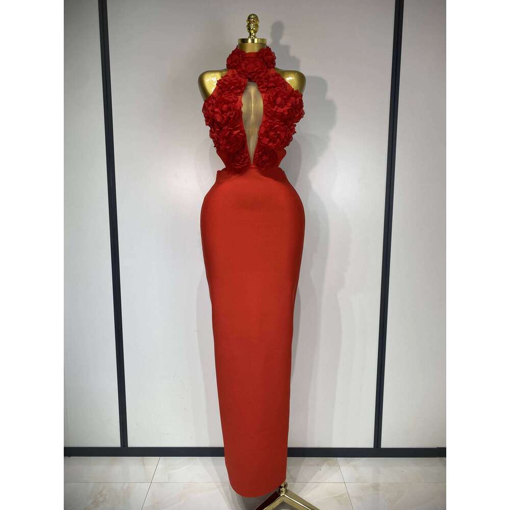 2025 New Women Sexy Halter Hollow Out Flowers Bodycon Bandage Dress Red Backless Elegant Party Birthday Wedding Dresses