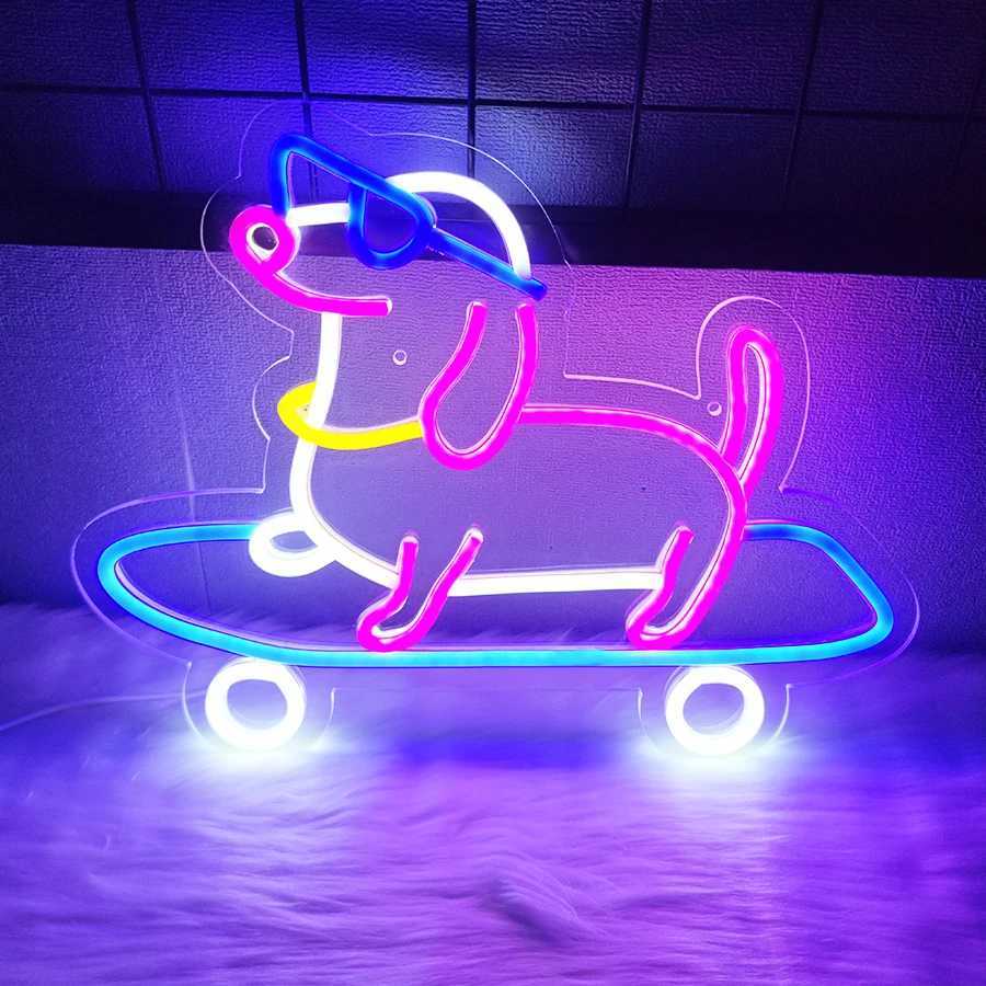 Skateboard Dog Neon Sign Cute Glasses Dog LED Neon Light Dimmable Animal Light Up Sign for Bedroom Decor Pet Shop Art Wall Decor XJ250626