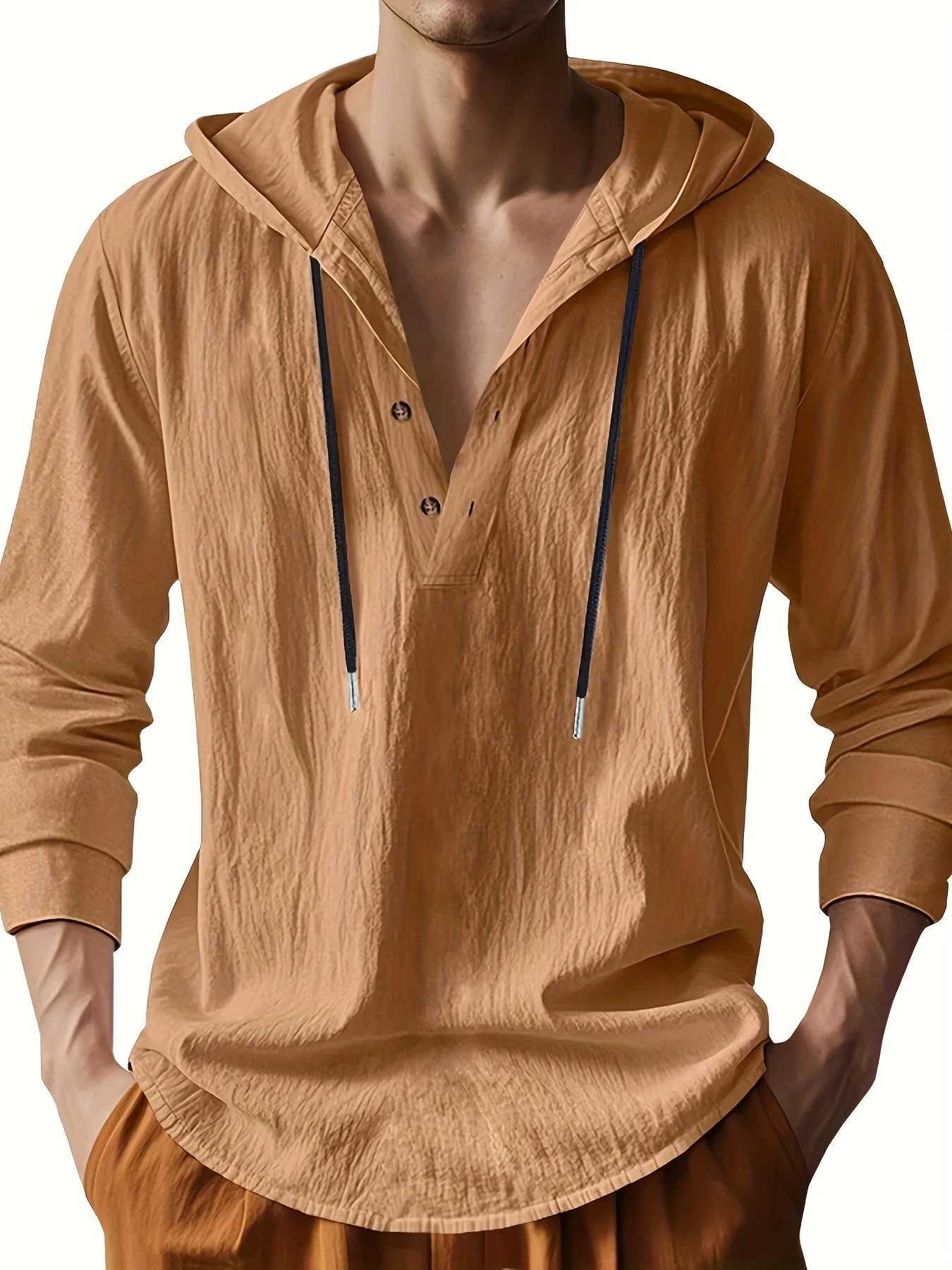 Mens Lightweight Linen Hooded Henley Shirt Casual Long Sleeve Button-Up Drawstring Solid Color W250627