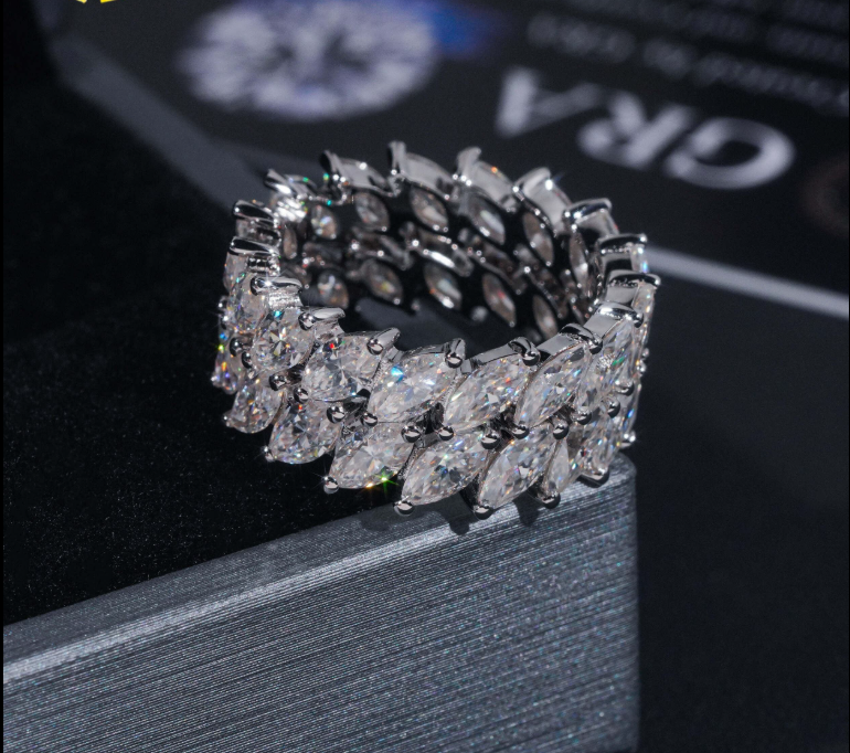 Pass Diamond Tester 925 Sterling Silver Marquise Hip Hop Eternity Band Moissanite Diamond Ring