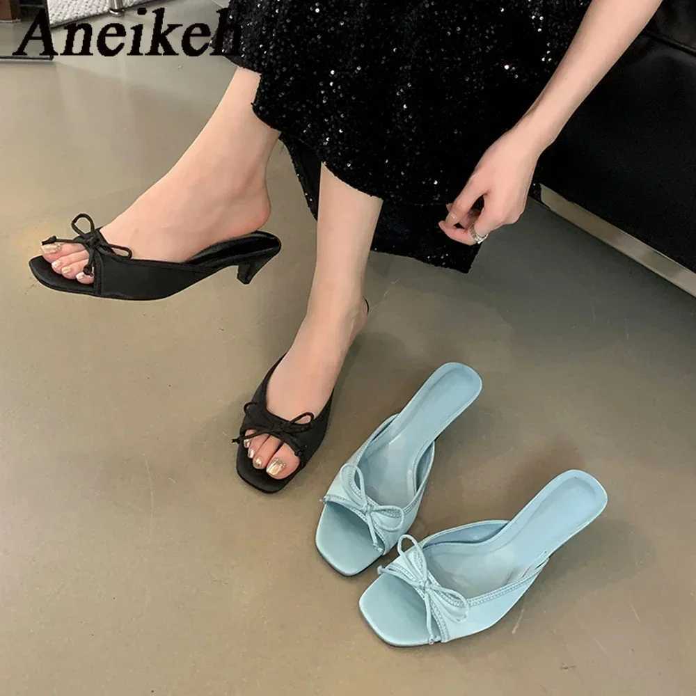 Aneikeh 2025 New Comfortable Low Heel Square Sandals Sweet Bow Silk Thick Heel Slippers for Ladies Outdoor Blue Slides Y250627