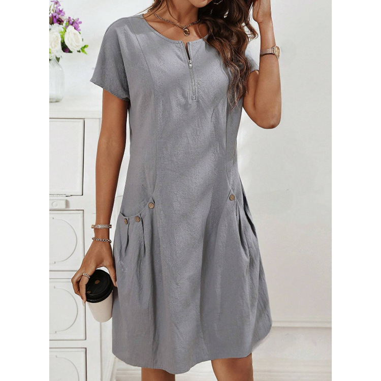 G627Foreign trade European and American women's summer spot pocket zipper collar short-sleeved dress