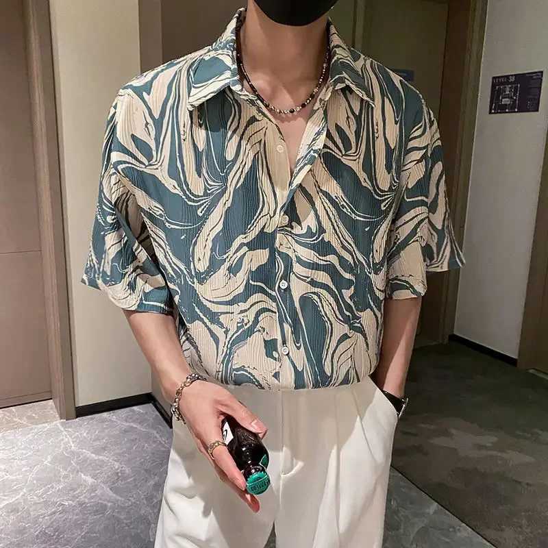 Mens Shirt Floral Print Half Sleeve Male Shirts Black Green Original Button Up Cotton with Sleeves Slim Fit Collar Korean Style W250627
