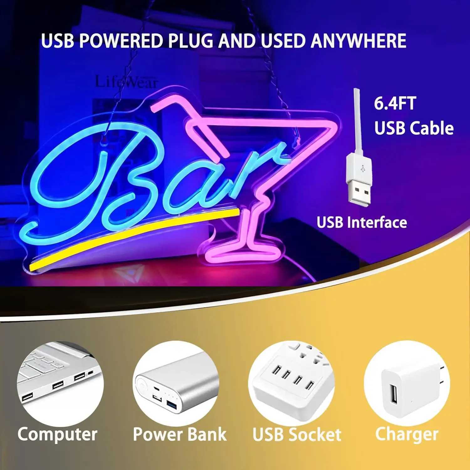 Bar Neon Sign LED Bar Sign Neon Light USB Powered 14.96x9.06 Inches Bar Decoration for Home Bistro Party Club Wall Decoration XJ250626