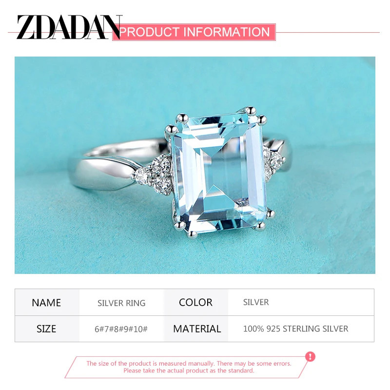 ZDADAN 925 Sterling Silver Fashion Aquamarine Gemstone Ring For Women Wedding Party Jewelry Gifts Wholesale 250626 - view 6