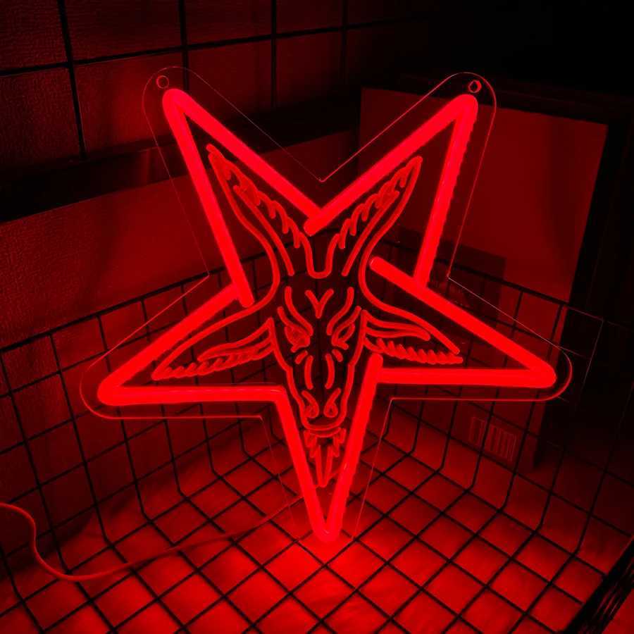 Baphomet Gothic Neon Sign Three-Dimensional Carved Lamb And Inverted Five-Pointed Star Wall Art Wall Lamp Home And Bar Decor. XJ250626