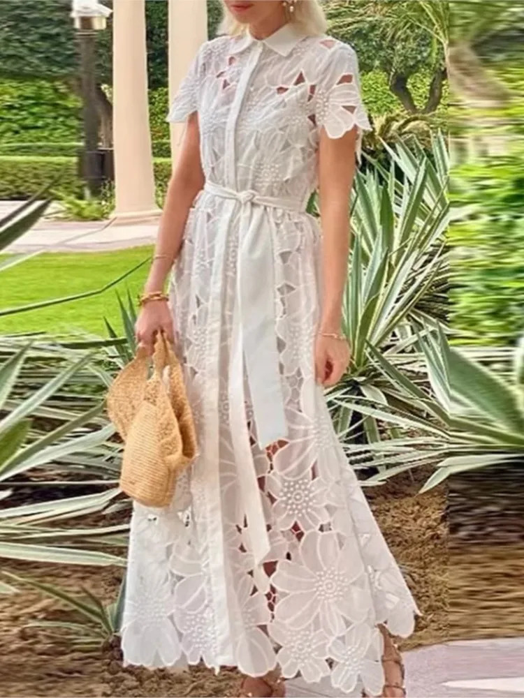 Elegant Long Dress Women White Sexy Hollow Short Sleeved Single Breasted Lace Up Dresses Summer Holiday Party Vestidos 250626