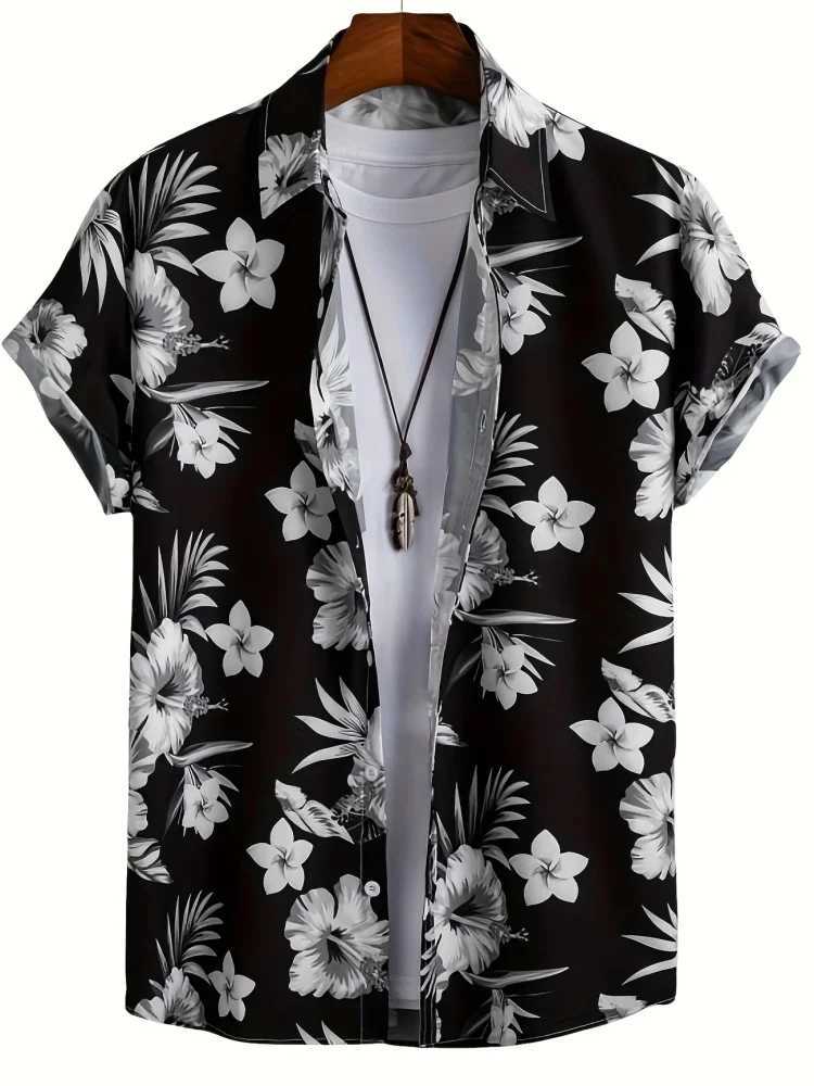 Mens Short-sleeved Shirt With Black And White Gradient Beach Print Single-breasted Shirt For Beach Vacation And Casual Wear W250627