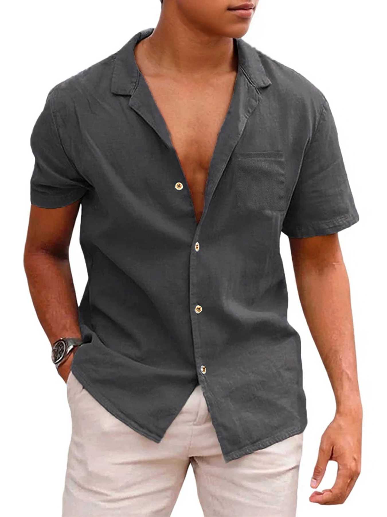 Mens Short-Sleeved Shirts Summer Solid Color Comfort Collar Casual Beach Vacation Shirts Casual Lightweight Button Shirts W250627