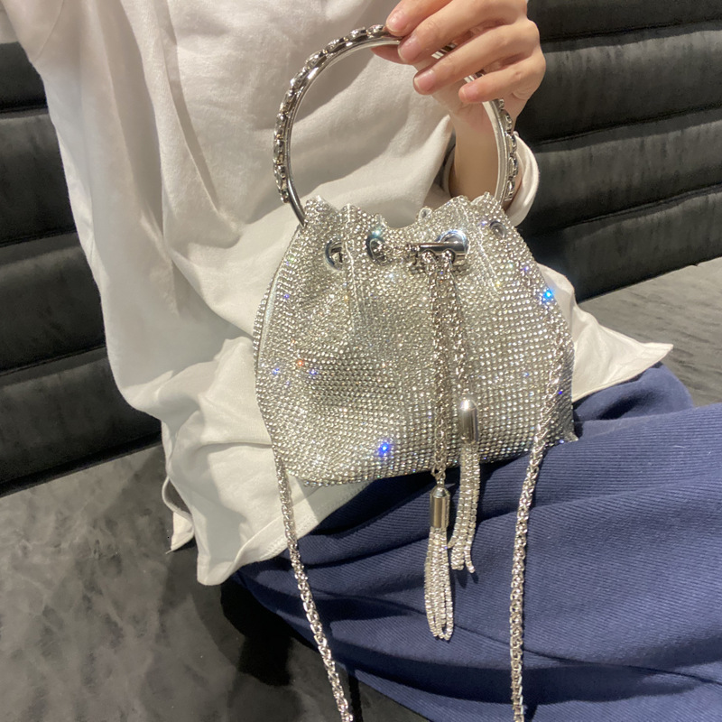 Free Shipping Women's New Rhinestone Bucket Bag Round Handle Handbag Designer Luxury Single Shoulder Crossbody Chain Small Bag Inlaid Diamond Bag
