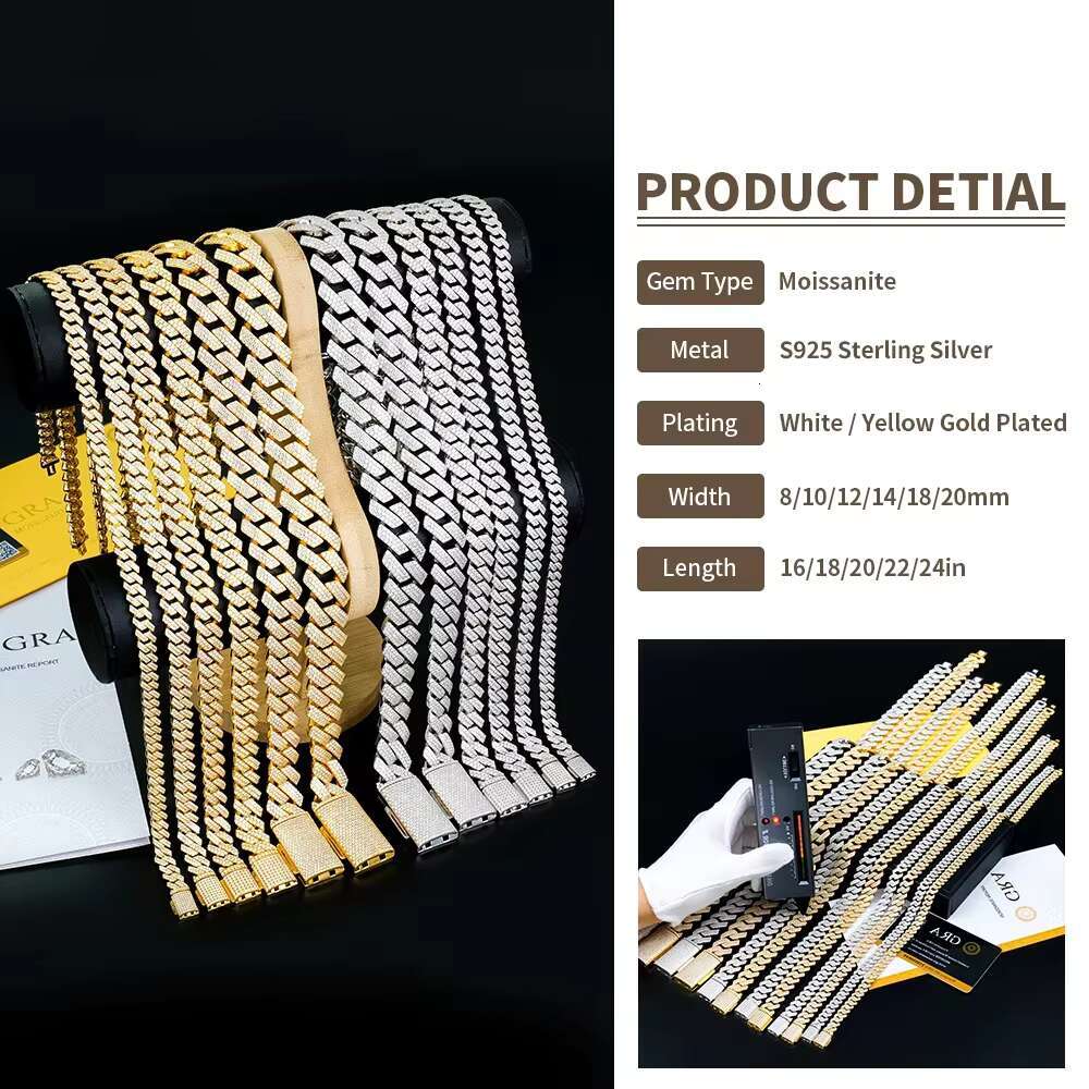 Hip Hop GRA Certificate 15mm Cuban Bracelet Necklace D VVS Moissanite 925 Silver White Gold Cuban Link Chain for Women Men