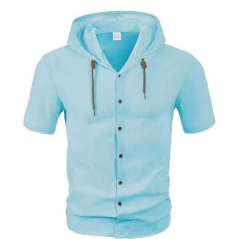 Mens Short Sleeve Shirt Cotton Linen Solid Color Shirts Men Hooded Casual Shirt Man Single Breasted Tops Men Breathable Shirt W250627