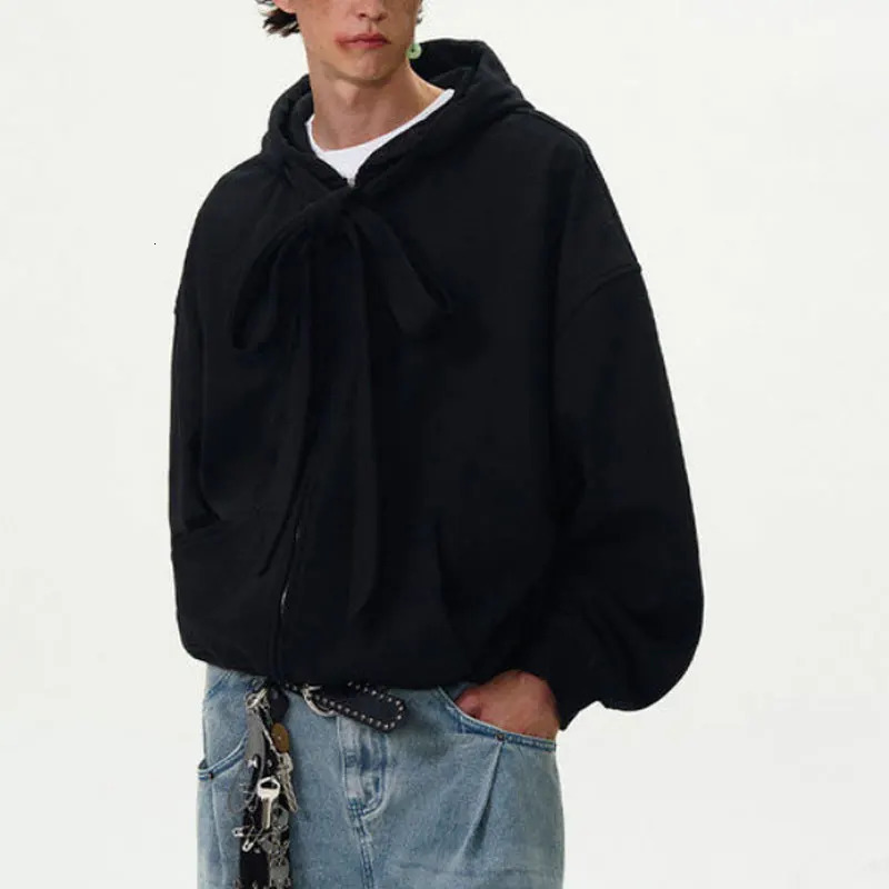 American Vintage Mens Hoodies Y2K Style Lace-up Loose Zipper Cardigan Sweatshirt Streetwear Fashion Couples Hooded Tops 250626