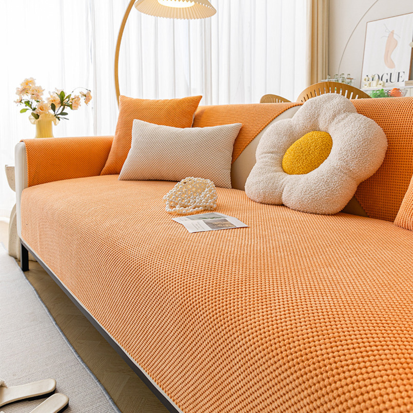 Corn Plush Simple Modern Non-Slip Seat Cushion Autumn Winter Style Rice Grain Velvet Solid Color Sofa Cover