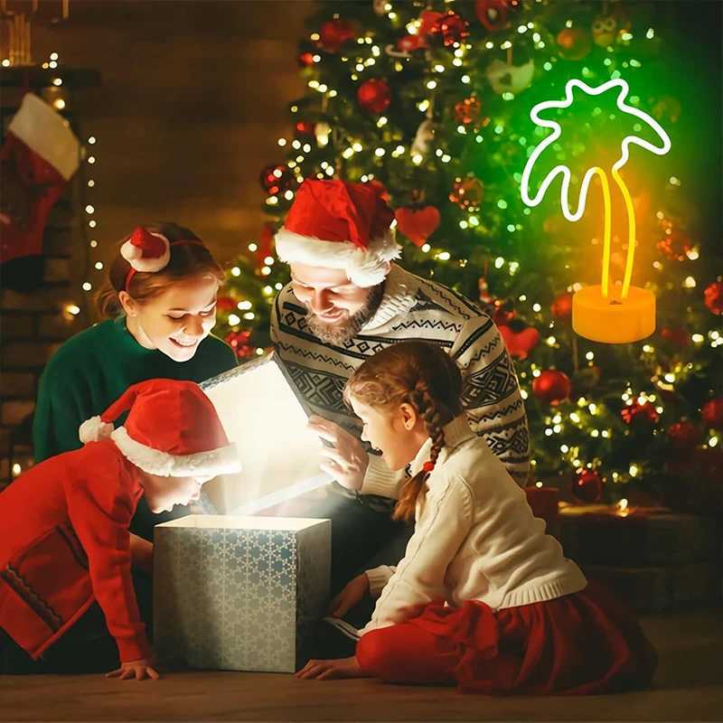 Coconut Palm Tree Neon Signs Light with Holder Base LED Table Lamp Battery/USB Powered Palm for Home Christmas Party Decoration XJ250626