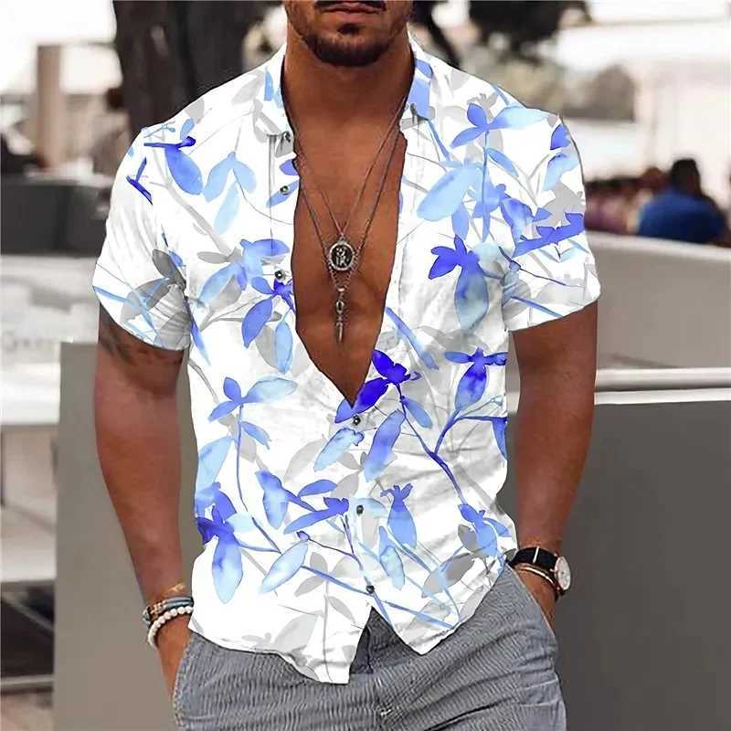 2024 Summer Hawaiian Mens Shirt Vacation Daily Slim-fit Top Gym Elegant Floral Pattern Leaves Society Casual Fashion W250627