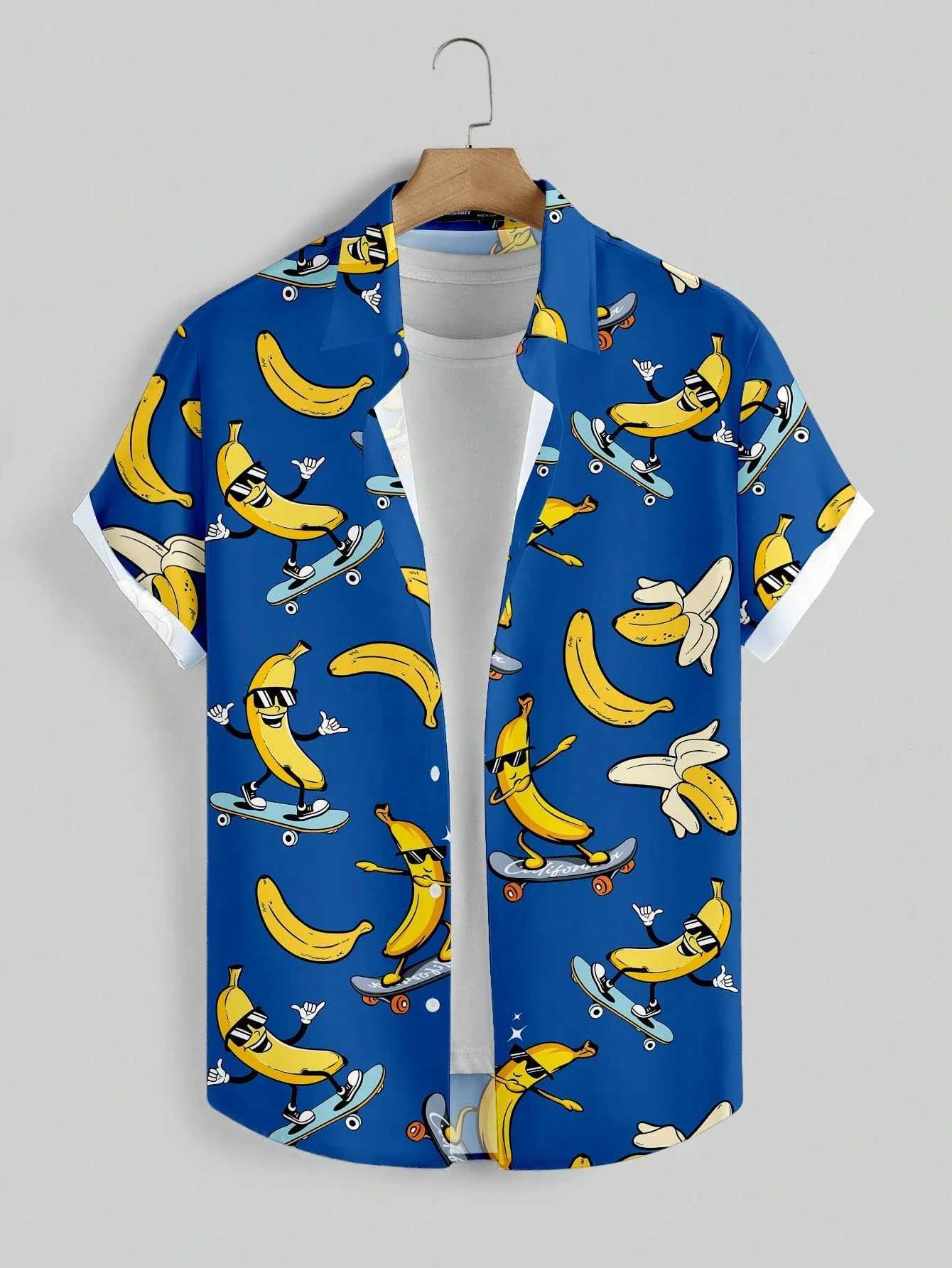 Fun Banana Print Mens Shirt Playful Tropical Short Sleeve Button-Up with Fruity Patterns for Summer Vibes Casual Wear W250627