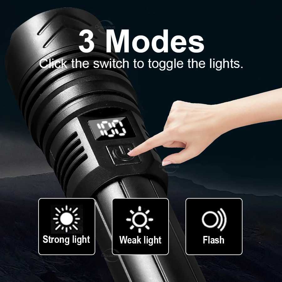 15000000 LM High Strong Power LED Flashlight with Display Light USB Charging Tactical Torch Camping Fishing Emergency Zoom Lights W250701