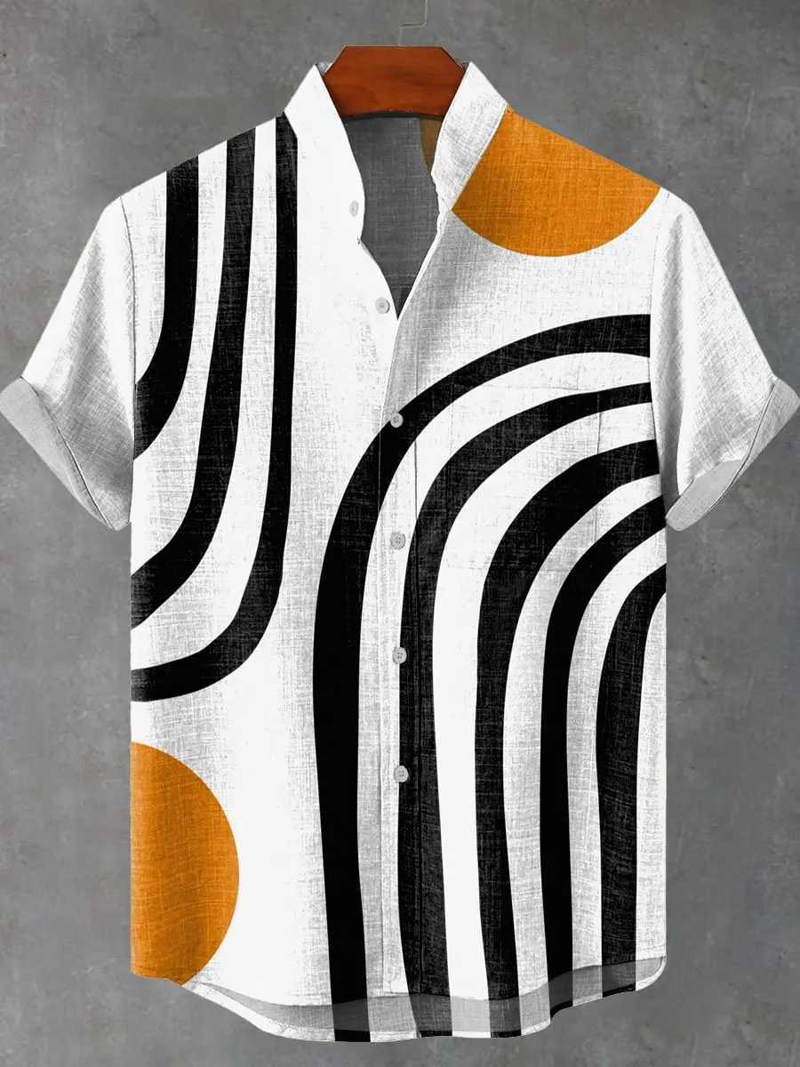 2025 Summer New Color Blocked Art Elegant Pattern Printed Linen Short Sleeved Shirt Comfortable High Quality Button Mens Top W250627