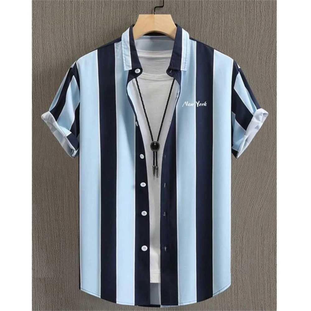 Summer Fashion Striped 3D Print Mens Shirts Basic Graphicsbutton Short Sleeve Lapel Streetwear Hawaiian Blouse Shirts for Men W250627