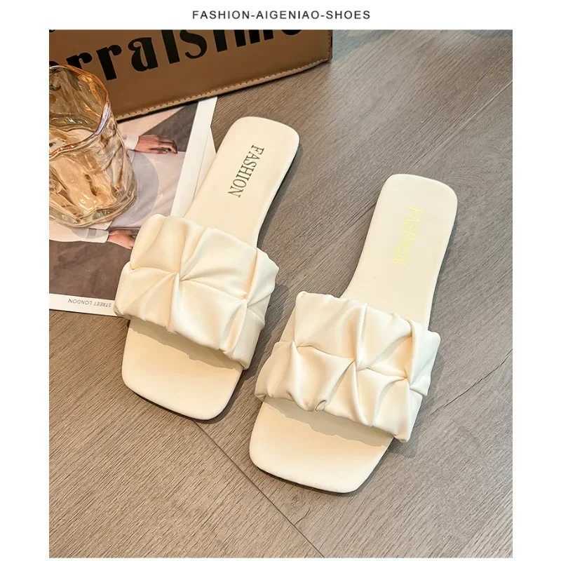 Summer for Women Flip Flops Flats New Pleated Korean Slippers Wen Sandals Green Slip on Shoes Big Size 35-42 Y250627